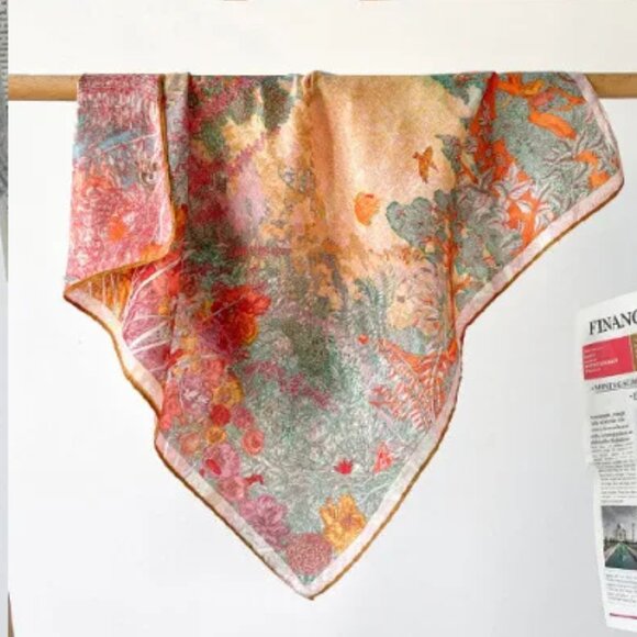 2/$30 Red Green Nature-Inspired Patterned Scarf Velvety Silk Neck Tie Head Shawl - Picture 6 of 6